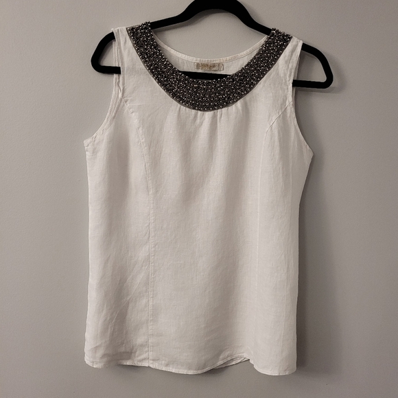 Italian Linen Tank Top Sz Lg Beaded Neck Soft Cotton Side Panels - Picture 2 of 8
